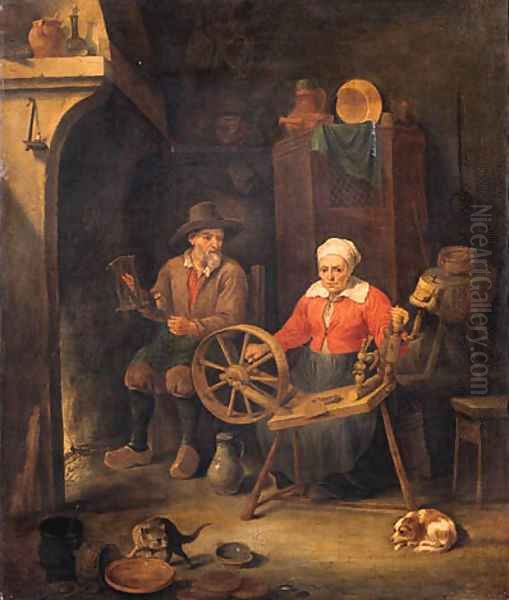 A peasant couple at a spinning wheel by a fire in a barn - view 1