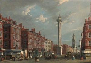 View Of The Monument From 
Gracechurch Street Looking Towards Fishstreet Hill And Old London 
Bridge, With St. Magnus Martyrbeyond