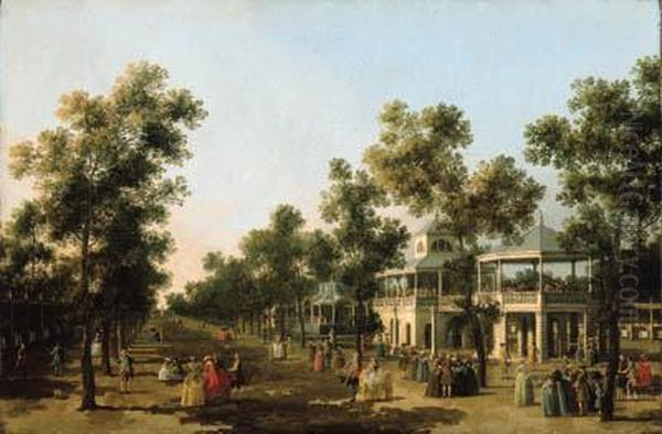 View Of The Grand Walk, Vauxhall
 Gardens, With The Orchestrapavillion, The Organ House, The Turkish 
Dining Tent And The Statueof Aurora; And The Interior Of The Rotunda, 
Ranelagh - view 1