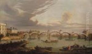 View Of Hampton Court Bridge,
With Boats On The River Thames Andking Henry Viii's Chapel Beyond by (Giovanni Antonio Canal) Canaletto