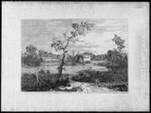 View Of A Town On A River Bank by (Giovanni Antonio Canal) Canaletto