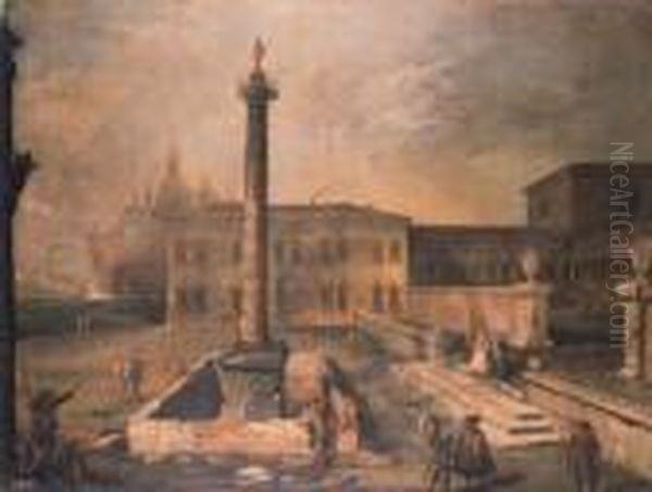 A Capriccio Of A Piazza In Front
Of A Palace With The Column Ofmarcus Aurelius, Pilgrims And Townsfolk, A
Domed Churchbeyond - view 1
