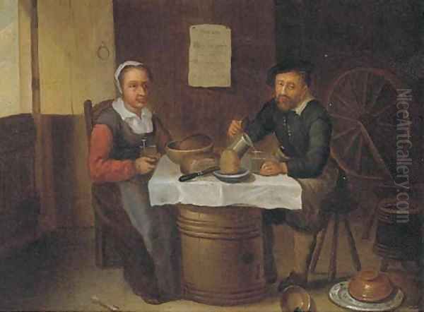 An elderly couple eating and drinking in a tavern - view 1