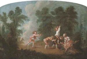 A wooded landscape with children playing leap-frog by Jean-Baptiste Huet