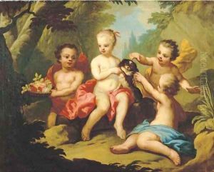 Putti and a pet dog disporting in a garden by Johann Heinrich Wilhelm Tischbein I