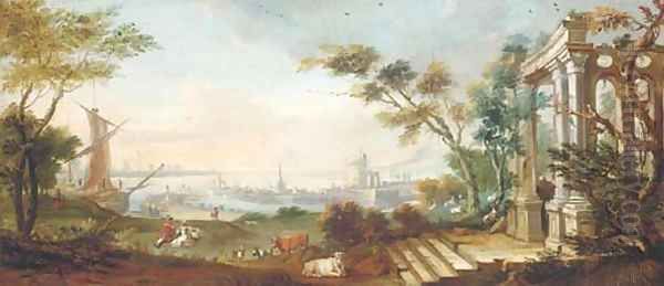 A capriccio of classical ruins before a Dutch riverside town - view 1