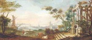 A capriccio of classical ruins before a Dutch riverside town by Dirk Dalens I