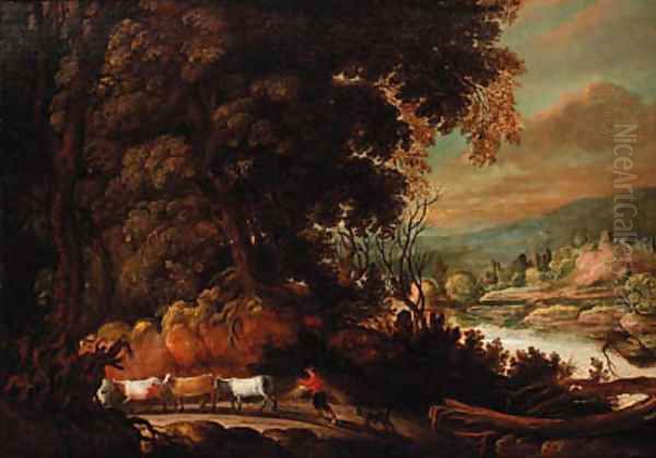 A wooded path with a peasant herding cattle, a river landscape beyond - view 1