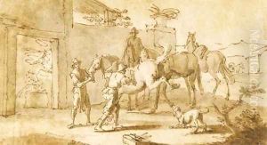A blacksmiths yard with a kicking horse