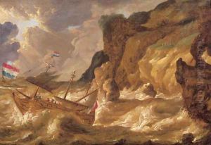 A threemaster lowering sail off a rocky coast in a gale