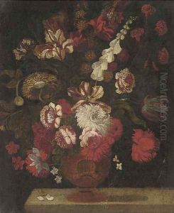Parrot tulips, chrysanthemums, roses and other flowers in an urn on a ledge by Andrea Scacciati I