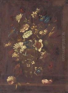 Roses, narcissi, tulips and other flowers in a basket on a ledge by Andrea Scacciati I
