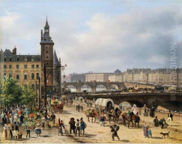 Paris, La Tour De L'horloge Et 
Le Marche Aux Fleurs [, View Of The Clock Tower And The Flower Market In
 Paris, Oil On Panel, Signed And Dated 1829.] - view 1