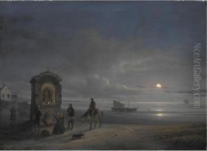 Veduta Di Una Spiaggia Di Mare Col Levar Della Luna