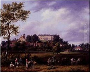 Landscape With Peasants Working In The Fields With A Town And A Manor House Beyond by Guiseppe Canella