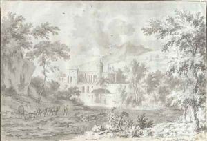 An Italianate landscape with a fortified villa by Dirck Dalens II