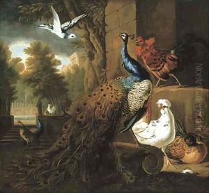 A peacock and chickens with other birds by Pieter Casteels III