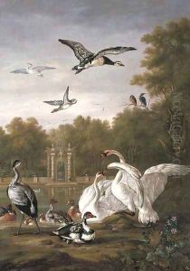 A park with swans, ducks and other birds by a pond by Pieter Casteels III