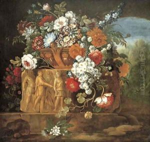 Roses, peonies, daisies and other flowers in a sculpted vase by Pieter Casteels III