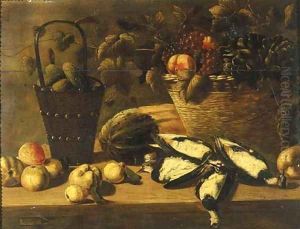 Grapes, peaches and artichokes in a basket with gherkins in a bucket by Johannes Kuveenis I