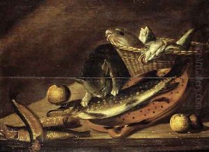 A cat eating from a haddock on an earthenware strainer on a table A cat eating from a haddock on an earthenware strainer on a table
