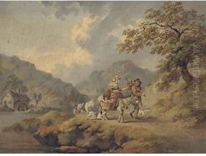 Peasants travelling to market with geese and chickens, a watermill beyond by Julius Caesar Ibbetson