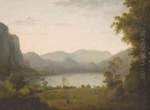 Figures conversing in a lake landscape
