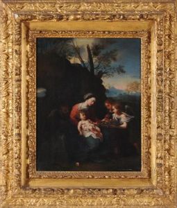 Sacra Famiglia Con Angeli Offerenti by Simone Cantarini (Pesarese)