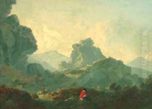 A horseman and a resting figure in a mountainous landscape by Julius Caesar Ibbetson