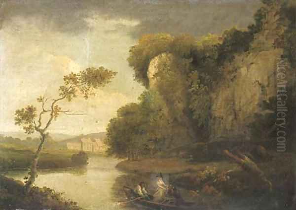 Figures in a rowing boat in a river landscape - view 1