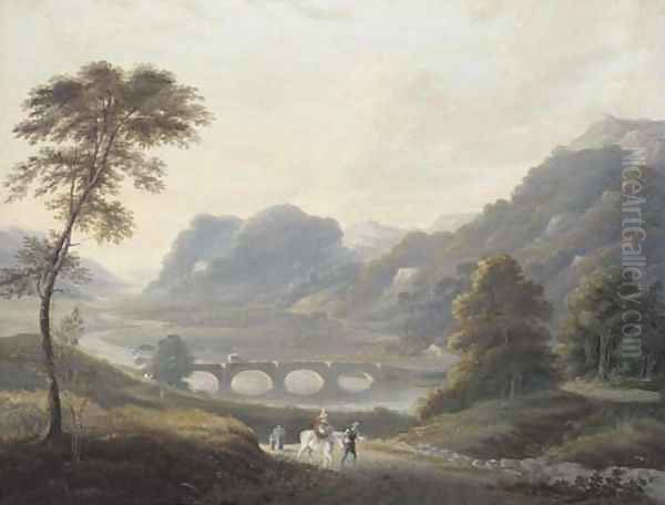 Travellers on a track in a river landscape - view 1
