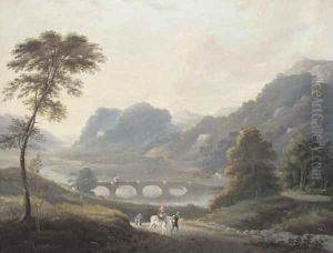 Travellers on a track in a river landscape by Julius Caesar Ibbetson