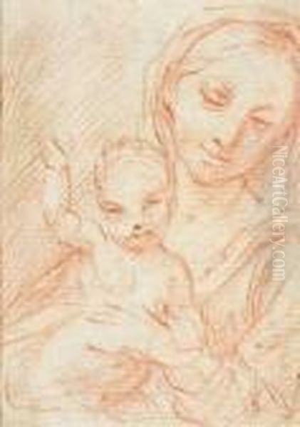 Madonna And The Child. Red Chalk
 On Paper, Verso Old Collector'snotes In Handwriting And A Crowned 
Collector's Mark - view 1