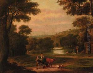 Figures resting by a pond with bathers beyond