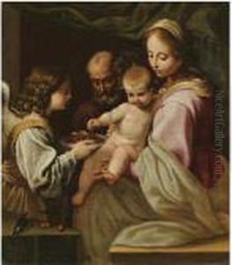 The Holy Family With An Angel Offering The Christ Child A Plate Of Cherries by Simone Cantarini (Pesarese)