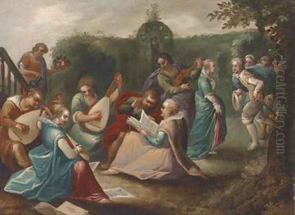 Elegant company making music in a garden - view 1