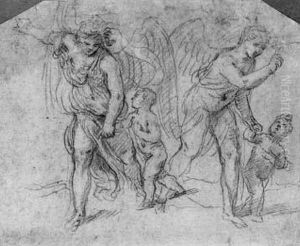 Deux Anges Tenant Un Enfant Par La Main by Simone Cantarini (Pesarese)