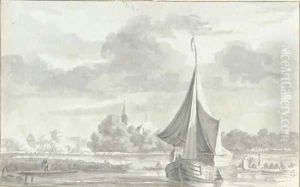 View of Benthuizen, with shipping on the river by Abraham De Haen II