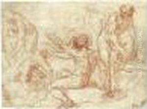 Recto: Studies Of Male Nudes For
A Bathing Scene; Verso: Angels Appearing To A Saint Adoring The
Crucifix by Simone Cantarini (Pesarese)