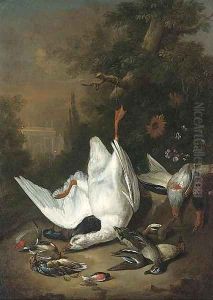 A goose, woodpecker, ducks and other dead game in a clearing by Jan Weenix II