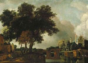A wooded river landscape with a stone bridge, a church beyond by Jan Van Kessel III