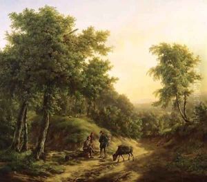 Travellers resting on a sandy track in a mountainous landscape by Pieter Bartholomeusz. Barbiers IV