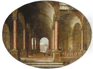 A classical portico with the Return of the Prodigal Son by Hendrick Van Steenwyck II