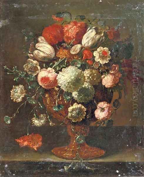 Roses, tulips, violets, hydrangeas and other flowers in an earthenware vase on a stone ledge - view 1