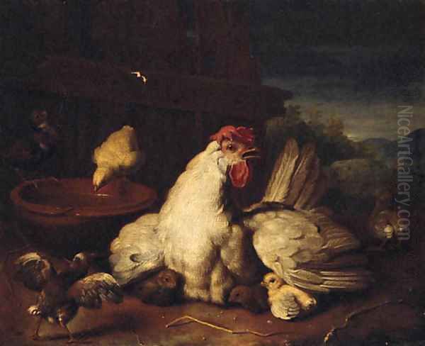A hen with chicks in a farmyard - view 1