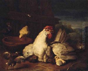 A hen with chicks in a farmyard