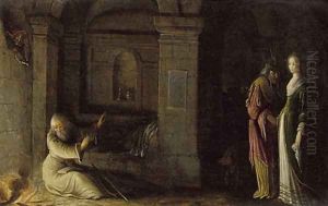 The interior of a crypt by night with the Temptation of Saint Antony