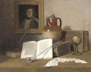Playing cards, a pipe, a goblet, a ewer and books on a table