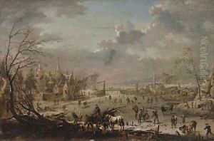 A winter landscape with villagers skating on a frozen river and wood-gatherers by Jan Pieter Van Bredael I
