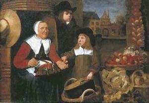 A market scene with two boys by a vegetable seller making lace, the St. Jorispoort in Dordrecht beyond by Johannes Vollevens I